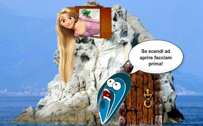 Una cozza che chiede a rapunzel di aprire la porta