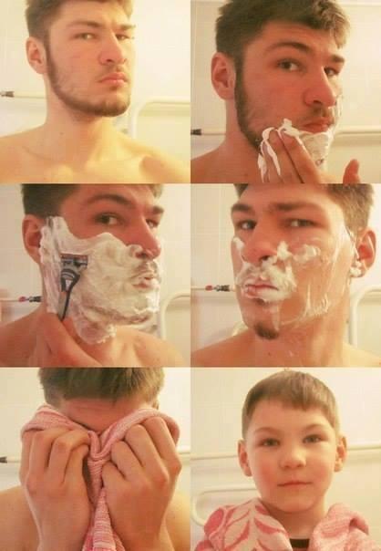 Foto Divertente: Uomo che si fa la barba e diventa un bambino