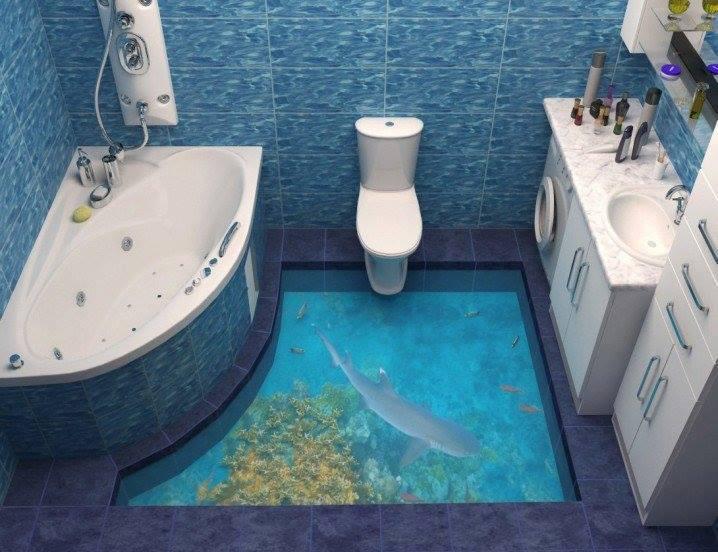 Bagno con pesci dentro al pavimento