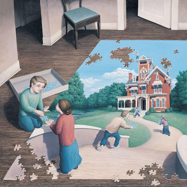 Illusione ottica di due persone che fanno un puzzle 