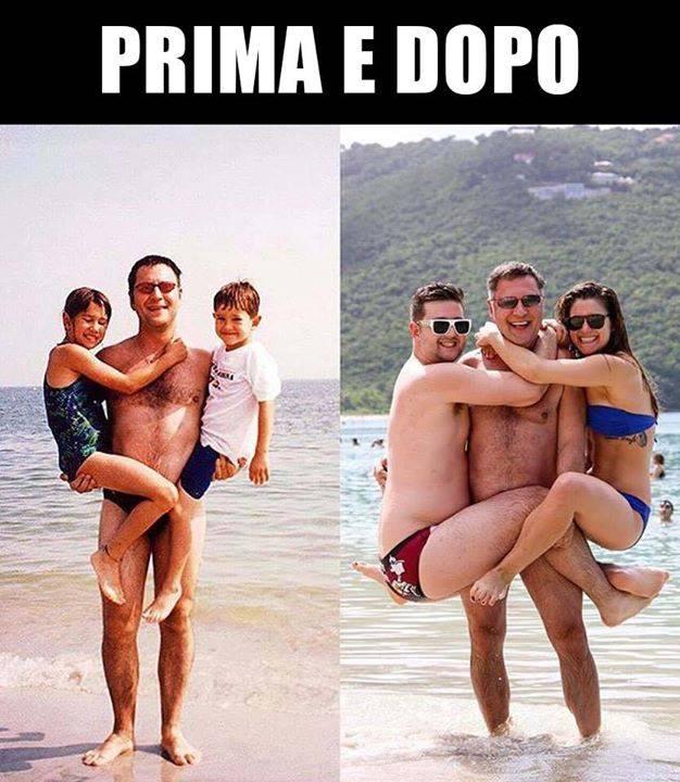 Foto Divertente: Padre con in collo i suoi bambini e poi stessa foto anni dopo